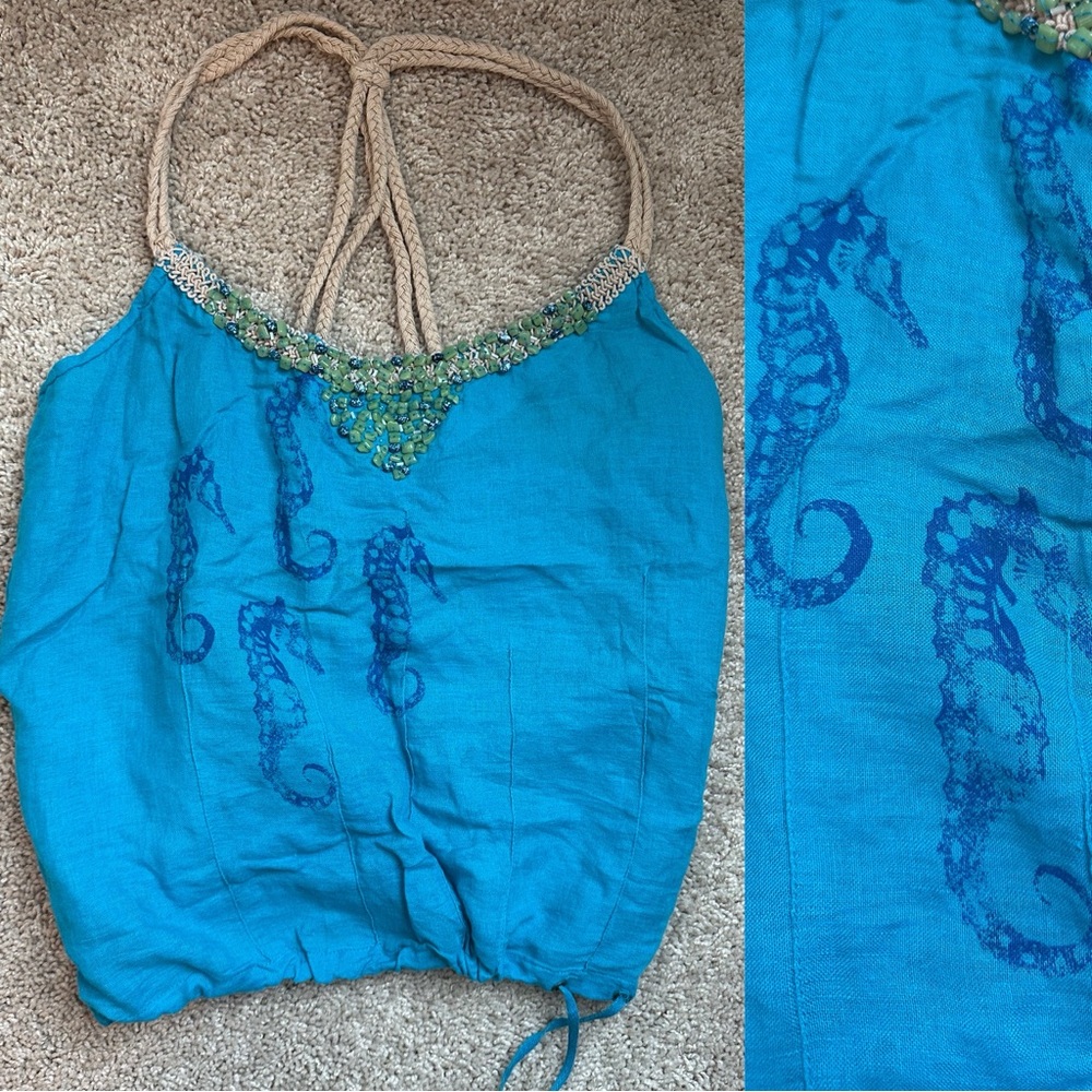 Free People Blue Beaded Halter Top